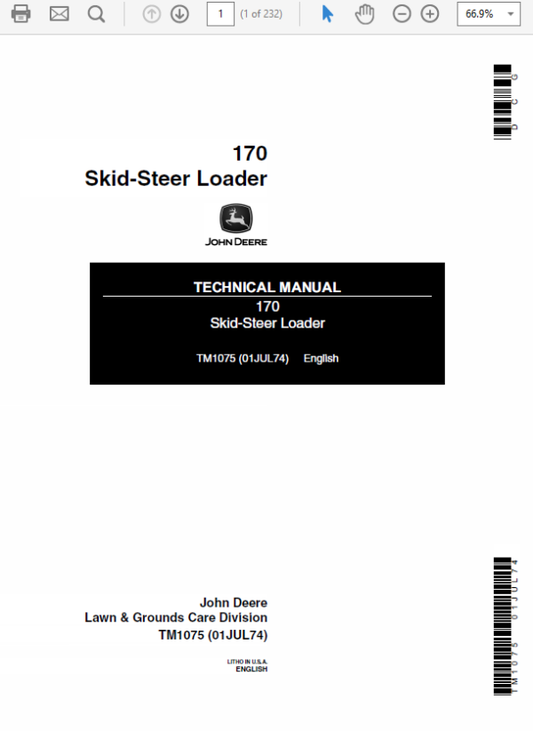 John Deere 170 Skid-Steer Loader Repair Technical Manual (TM1075) Workshop Guide