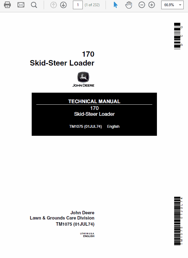 John Deere 170 Skid-Steer Loader Repair Technical Manual (TM1075) Workshop Guide