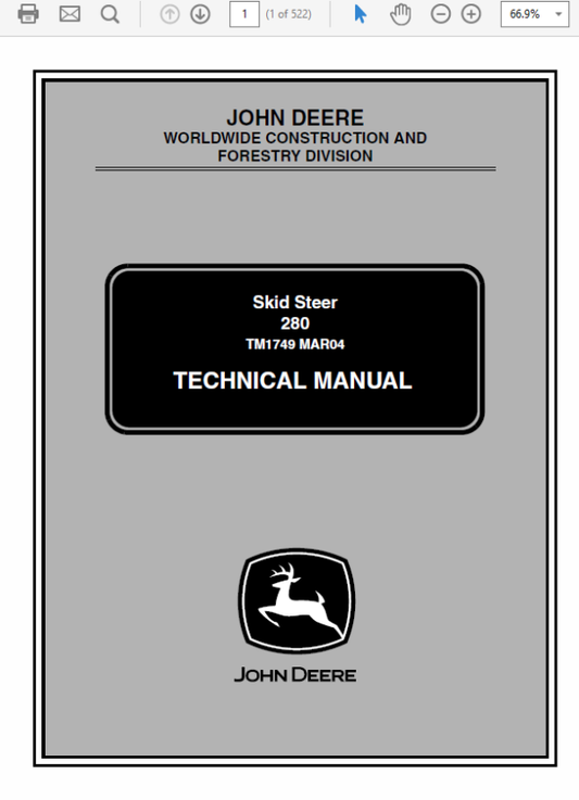 John Deere 280 Skid-Steer Loader Repair Technical Manual (TM1749) Workshop Guide