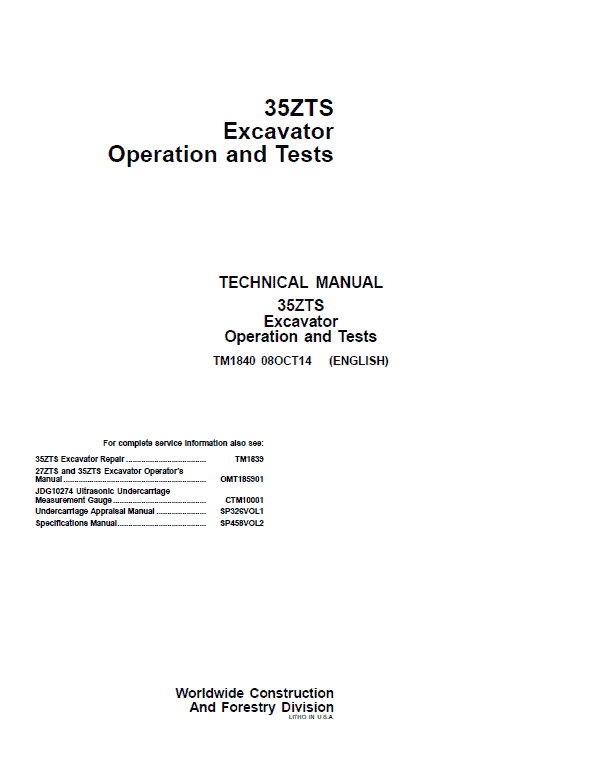 John Deere 35ZTS Excavator Repair Technical Manual Workshop Guide