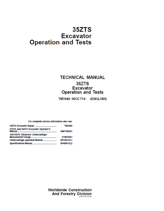 John Deere 35ZTS Excavator Repair Technical Manual Workshop Guide