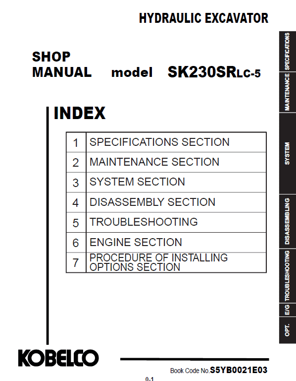Kobelco SK230SRLC-5 Hydraulic Excavator Repair Service Manual Workshop Guide