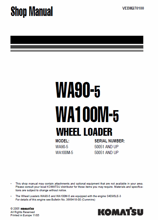 Komatsu WA90-5, WA100M-5 Wheel Loader Service Manual Workshop Guide