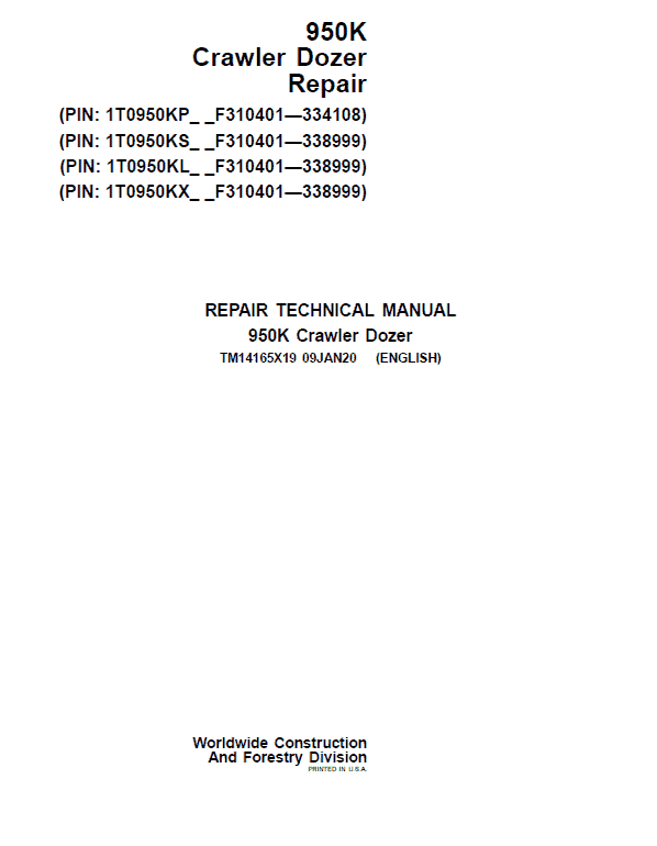John Deere 950K Crawler Dozer Technical Manual (SN. from F310401 – 338999) Workshop Guide