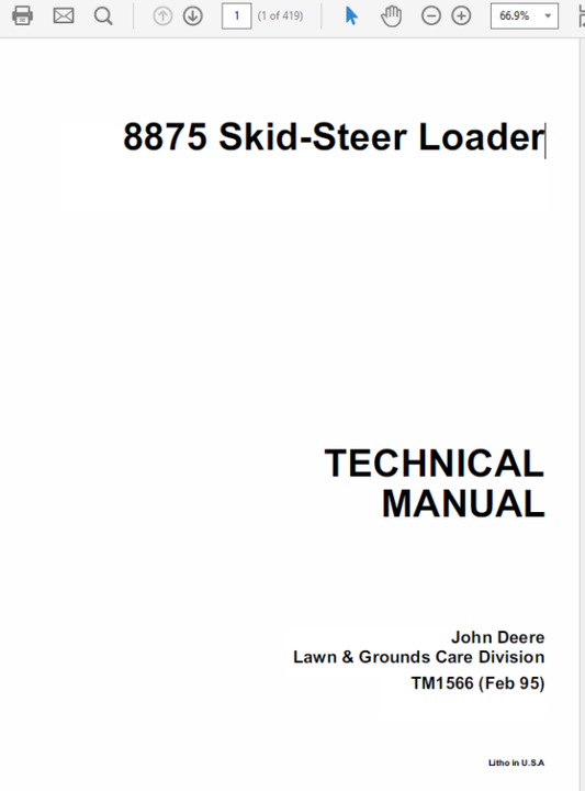 John Deere 8875 Skid-Steer Loader Repair Technical Manual (TM1566) Workshop Guide