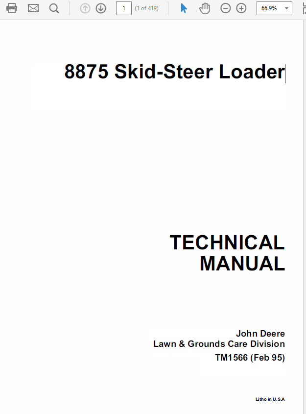 John Deere 8875 Skid-Steer Loader Repair Technical Manual (TM1566) Workshop Guide