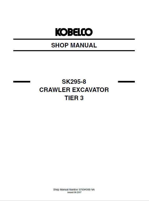 Kobelco SK295-8 Tier 3 Excavator Service Manual Workshop Guide