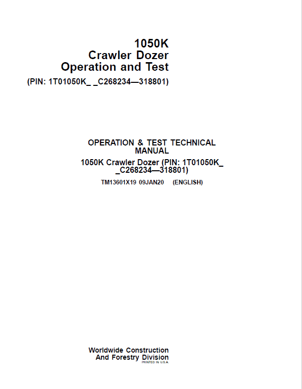 John Deere 1050K Crawler Dozer Technical Manual (SN. from C268234 – C318801) Workshop Guide