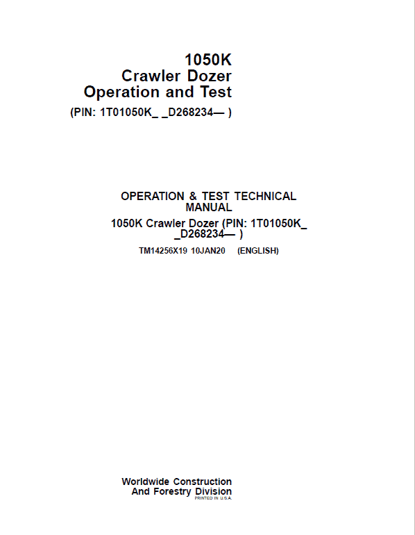 John Deere 1050K Crawler Dozer Technical Manual (SN. from D268234) Workshop Guide
