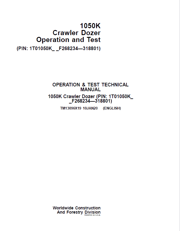 John Deere 1050K Crawler Dozer Technical Manual (SN. from F268234 – F318801) Workshop Guide