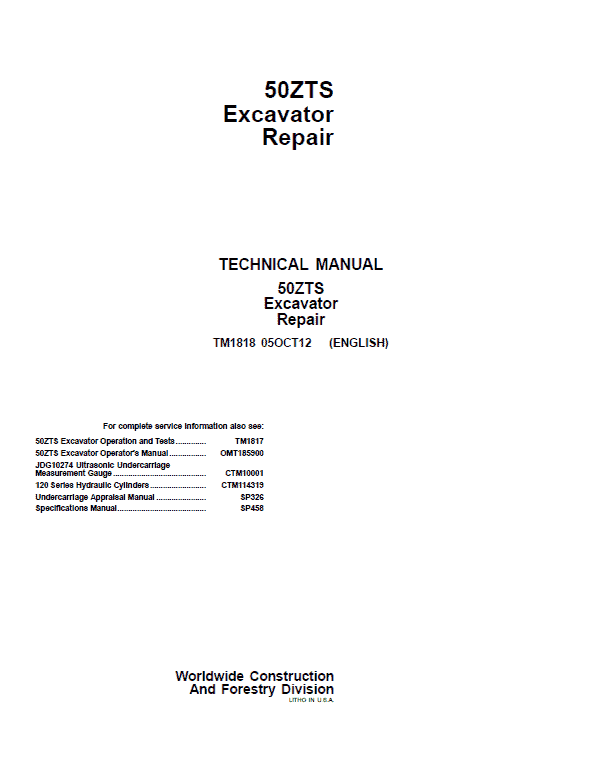 John Deere 50ZTS Excavator Repair Technical Manual Workshop Guide