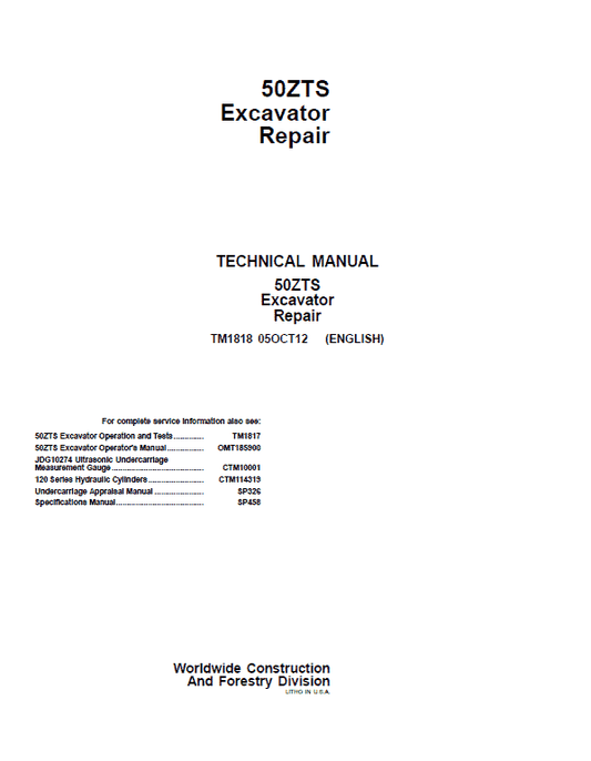 John Deere 50ZTS Excavator Repair Technical Manual Workshop Guide
