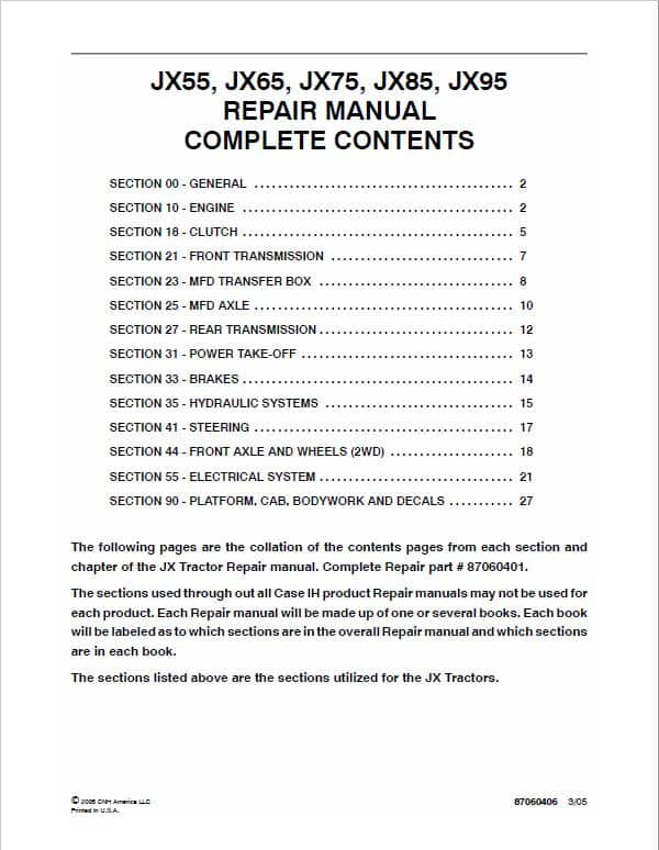 Case JX55, JX65, JX75, JX85, JX95 Tractor Service Manual Workshop Guide