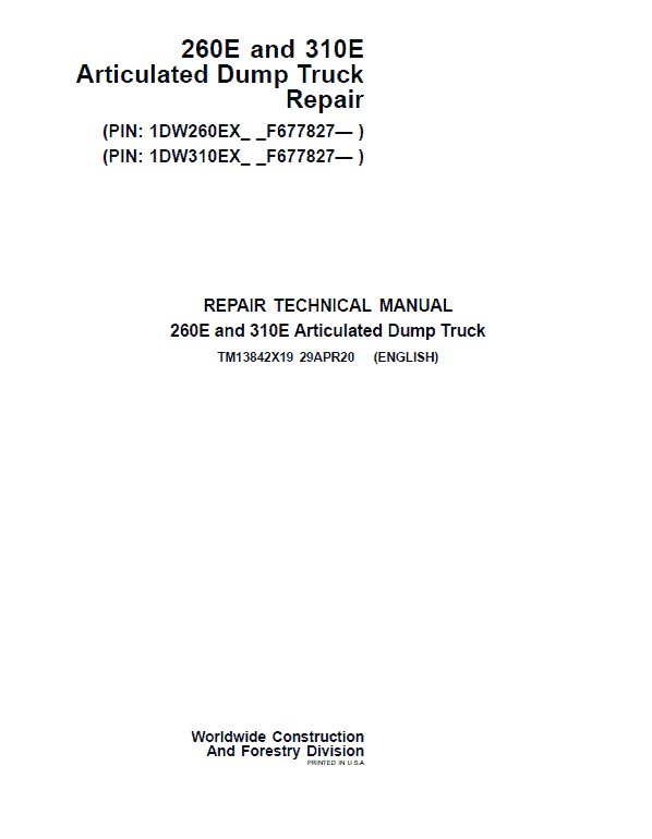 John Deere 260E and 310E Articulated Dump Truck Technical Manual (SN. from F677827) Workshop Guide