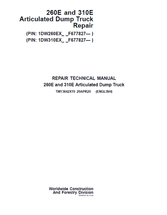 John Deere 260E and 310E Articulated Dump Truck Technical Manual (SN. from F677827) Workshop Guide