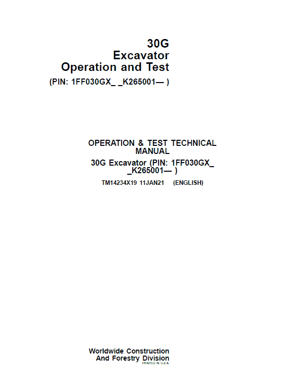 John Deere 30G Excavator Repair Technical Manual (SN. K265001-) Workshop Guide
