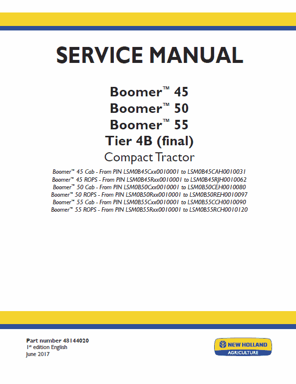 New Holland Boomer 45, 50 and 55 Tractor Service Manual Workshop Guide