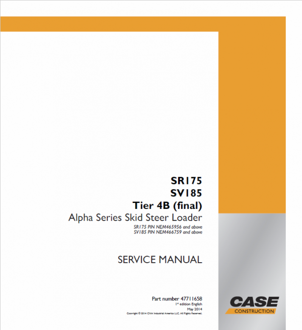 Case SR175, SV185 SkidSteer Service Manual Workshop Guide