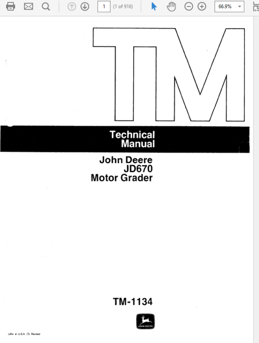 John Deere 670 Motor Grader Repair Technical Manual (TM1134) Workshop Guide
