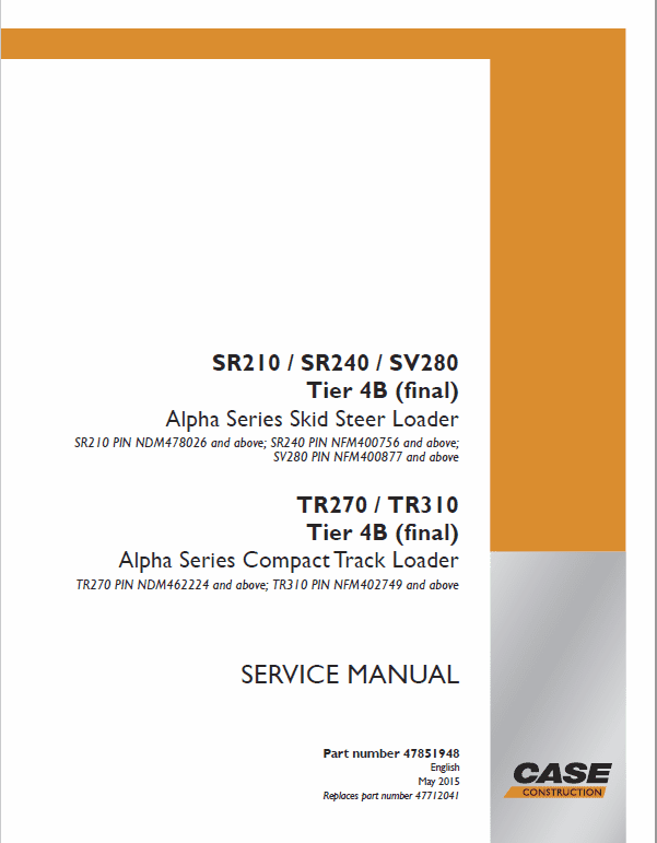 Case SR210, SR240, SV280 SkidSteer Service Manual (Tier 4B) Workshop Guide