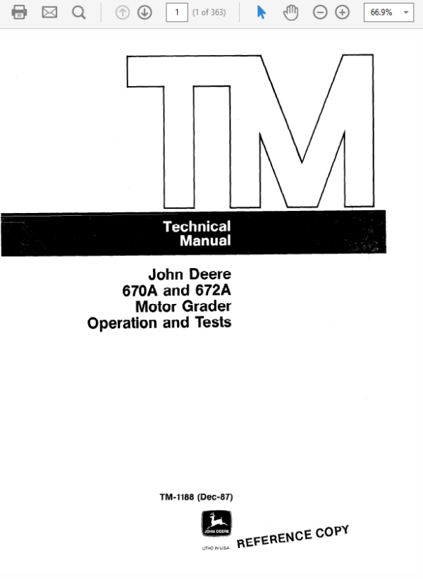 John Deere 670A, 672A Motor Grader Technical Manual (TM1188) Workshop Guide