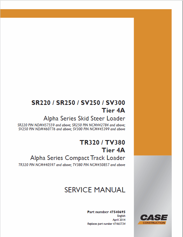 Case SR220, SR250, SV250, SV300 SkidSteer Service Manual (Tier 4A) Workshop Guide