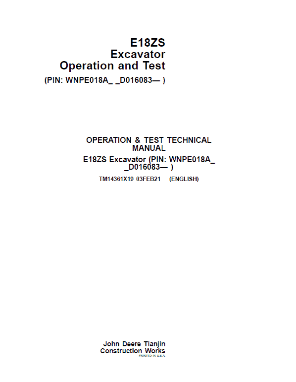 John Deere E18ZS Excavator Repair Technical Manual (SN. D016000 – ) Workshop Guide