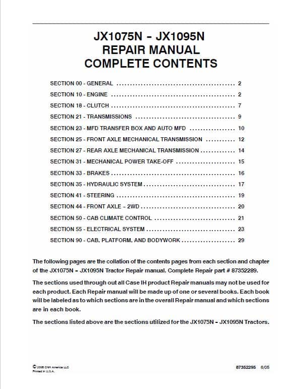 Case JX1075N, JX1095N Tractor Service Manual Workshop Guide