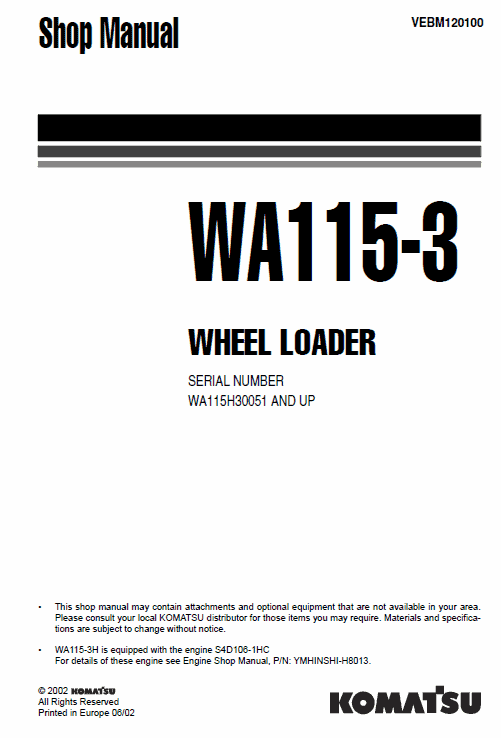 Komatsu WA115-3 Wheel Loader Service Manual Workshop Guide