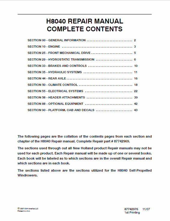 New Holland H8040 Self-Propelled Windrowers Service Manual Workshop Guide