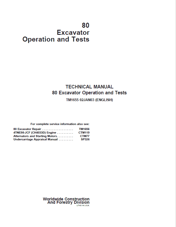 John Deere 80 Excavator Repair Technical Manual Workshop Guide
