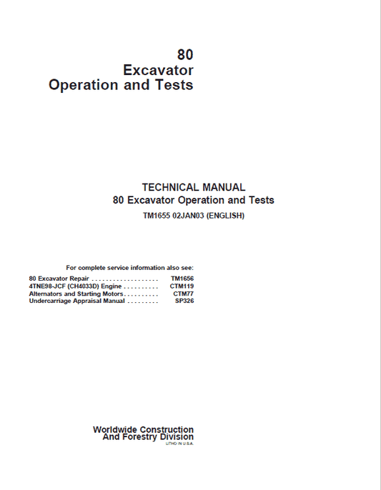 John Deere 80 Excavator Repair Technical Manual Workshop Guide