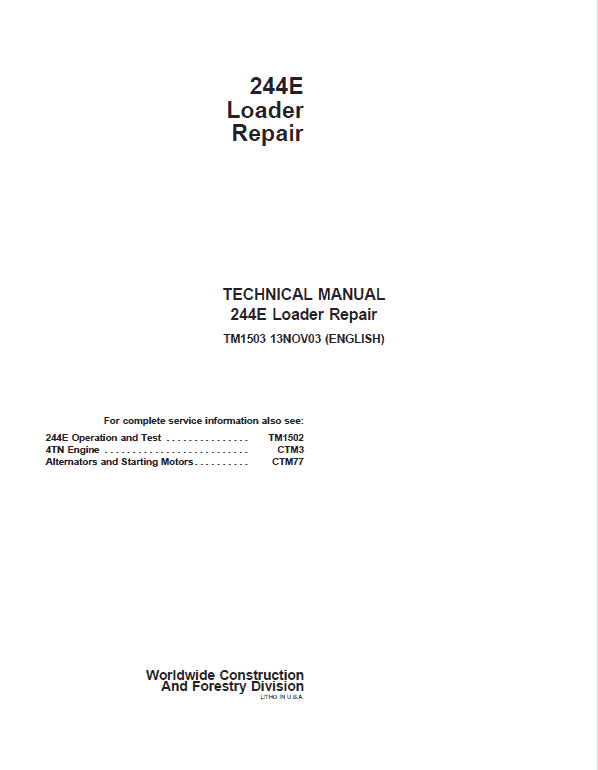 John Deere 244E Loader Repair Technical Manual Workshop Guide
