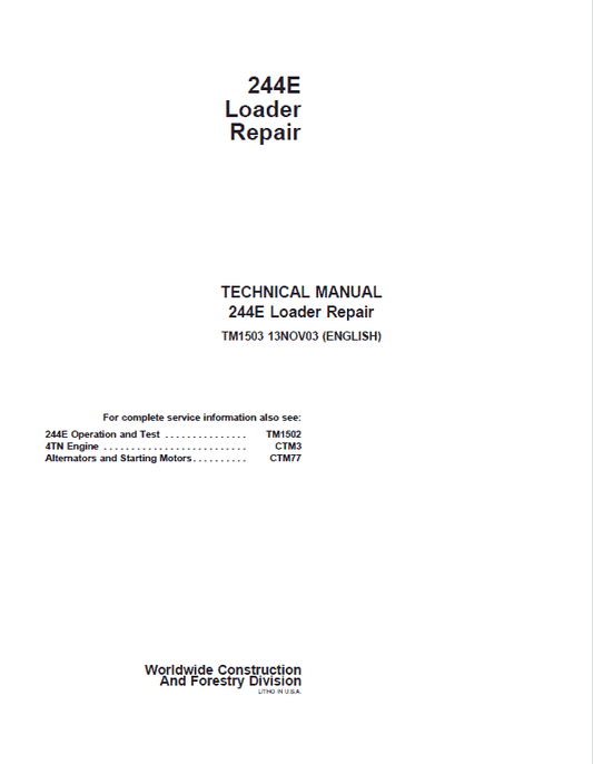 John Deere 244E Loader Repair Technical Manual Workshop Guide