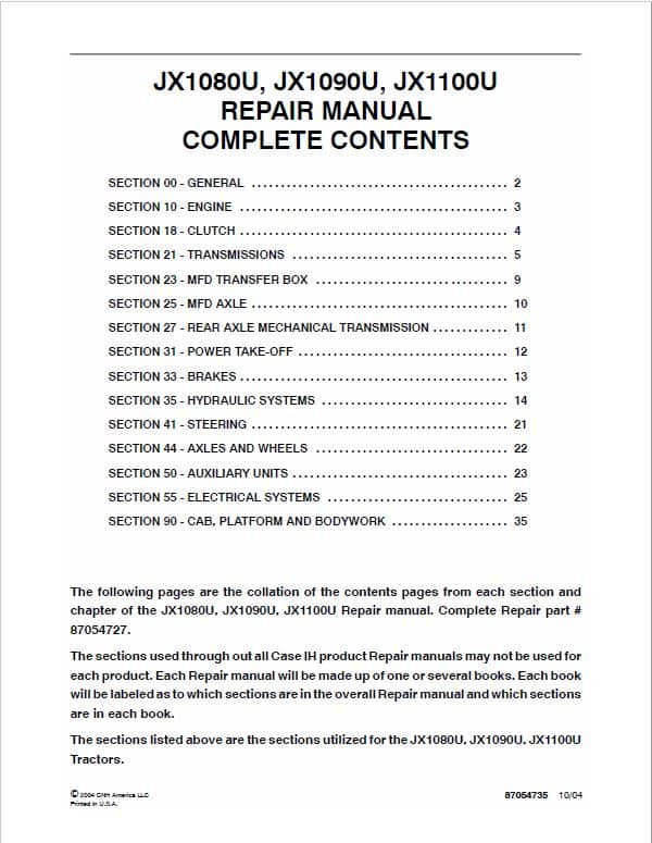Case JX1080U, JX1090U, JX1100U Tractor Service Manual Workshop Guide