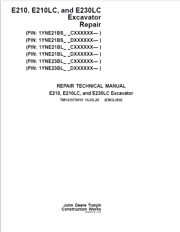John Deere E210, E210LC, E230LC Excavator Repair Manual (See Applicable Serial) Workshop Guide