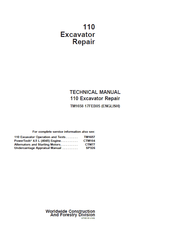 John Deere 110 Excavator Repair Technical Manual Workshop Guide