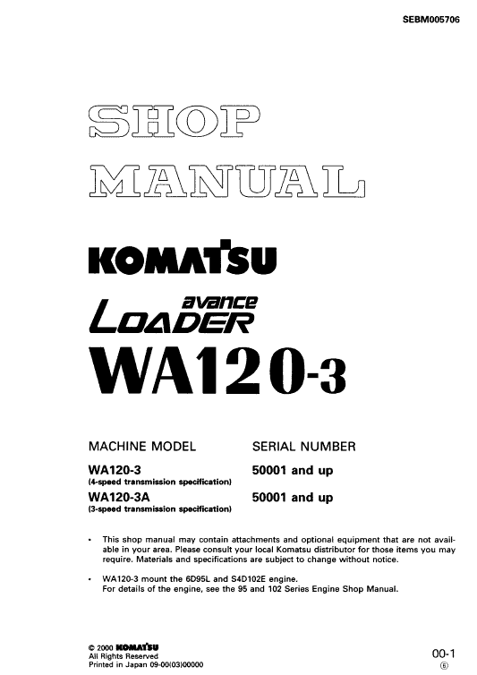 Komatsu WA120-3, WA120-3CS Wheel Loader Service Manual Workshop Guide