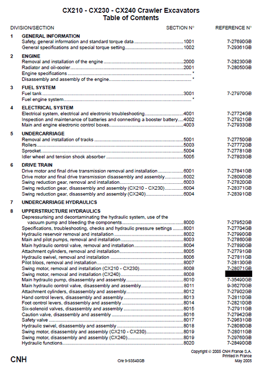 Case CX210, CX230 and CX240 Excavator Service Manual Workshop Guide