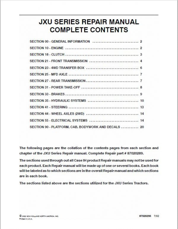 Case JXU70, JXU80, JXU90, JXU100 Tractor Service Manual Workshop Guide