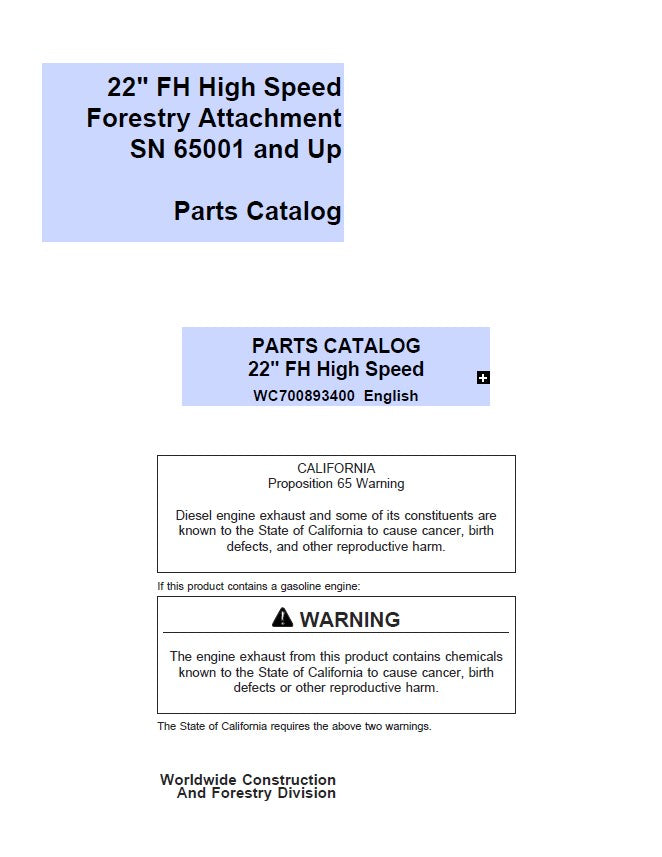 Koehring 22 Inch High Speed Forestry Felling Heads (SN 65001 and up) Parts Catalog Manual – WC700893400 Workshop Guide