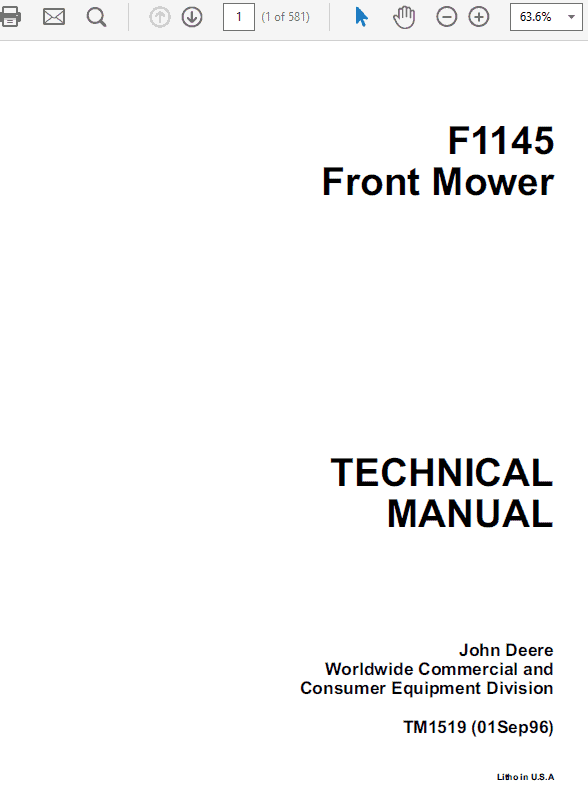 John Deere F1145 Front Mower Repair Technical Manual (TM1519) Workshop Guide