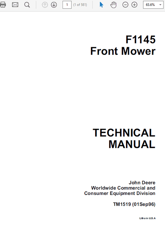John Deere F1145 Front Mower Repair Technical Manual (TM1519) Workshop Guide