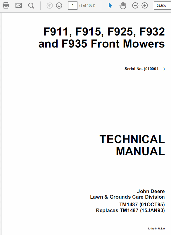John Deere F911, F912,  F915, F925, F932, F935 Front Mowers Technical Manual Workshop Guide