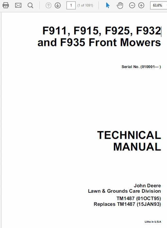 John Deere F911, F912,  F915, F925, F932, F935 Front Mowers Technical Manual Workshop Guide