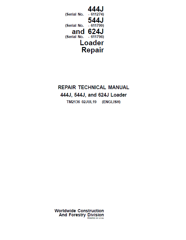 John Deere 444J, 544J, 624J Loader Technical Manual (SN. before 611274) Workshop Guide