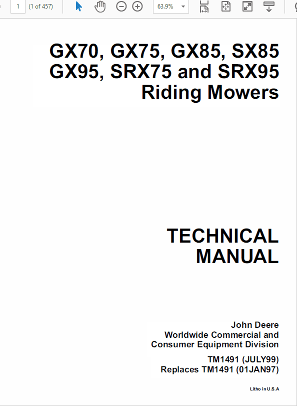John Deere GX70, GX75, GX85, SX85, GX95, SRX75, SRX95 Mowers Technical Manual Workshop Guide