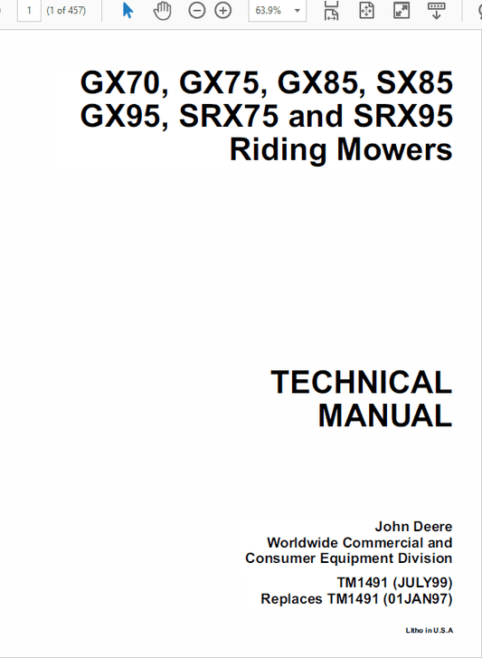 John Deere GX70, GX75, GX85, SX85, GX95, SRX75, SRX95 Mowers Technical Manual Workshop Guide