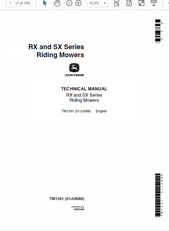John Deere RX63, RX73, SX75, RX95, SX95 Mowers Technical Manual (TM1391) Workshop Guide