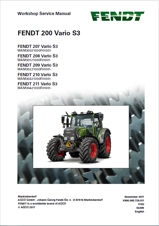 Fendt 207, 208, 209, 210, 211 Vario S3 Tractors Workshop Repair Manual Workshop Guide